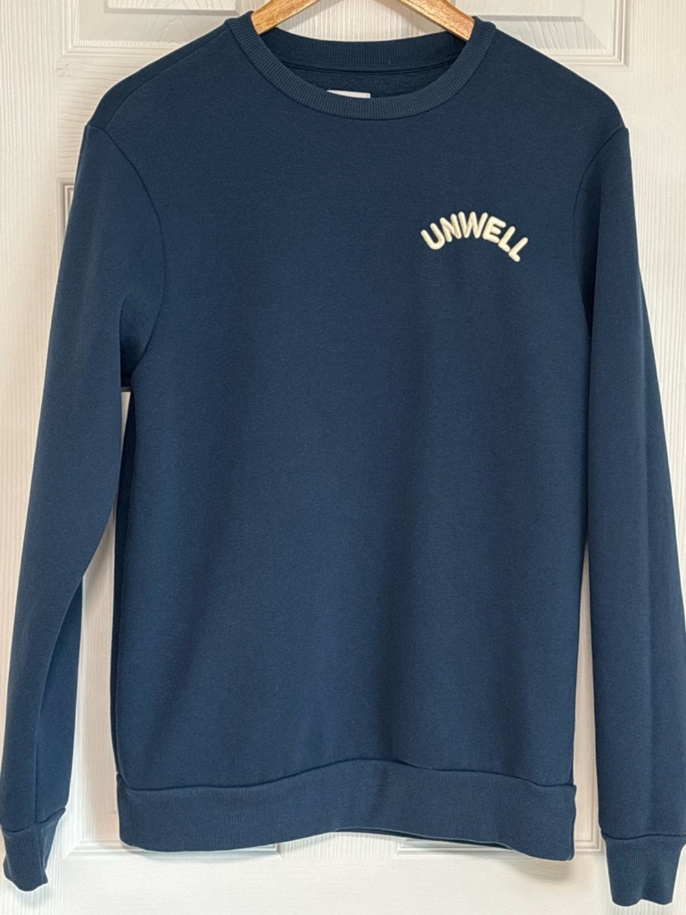 Unwell merch blue crewneck, shaggy dog puff print graphic size small